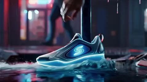 AI Video from prompt: Вид на вывеску с кроссовком,  который держит рук