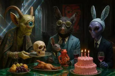 AI Video from prompt: The animals watch as the skull's mouth blows the