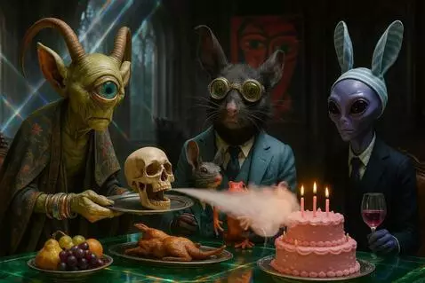 AI Video from prompt: The animals watch as the skull's mouth opens blo