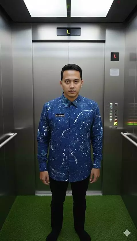 AI Video from prompt: A man stands in an elevator wearing a modern blu