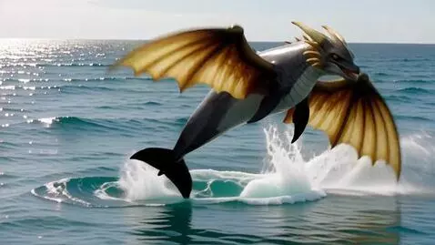 AI Video from prompt: A dolphin jumps out of the ocean waves and morph