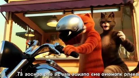 AI Video from prompt: Action (8s): Two realistic cat-humans on a motor