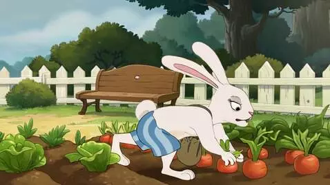 AI Video from prompt: лес,заяц одетый в шорты в полосочку ,ворует у ба