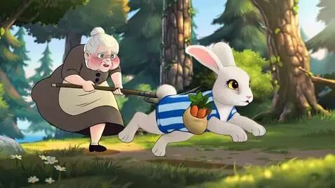 AI Video from prompt: лес,заяц одетый в шорты в полосочку ,бабка с вил