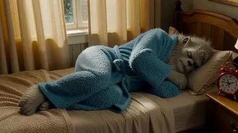 AI Video from prompt: Yeti in bed sleeping. He's wearing a blue fuzzy 