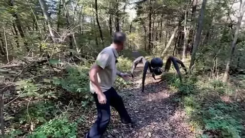 AI Video from prompt: a man is running away from a giant spider