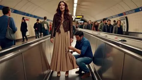 AI Video from prompt: Час пик в метро, высокая стройная женщина с длин