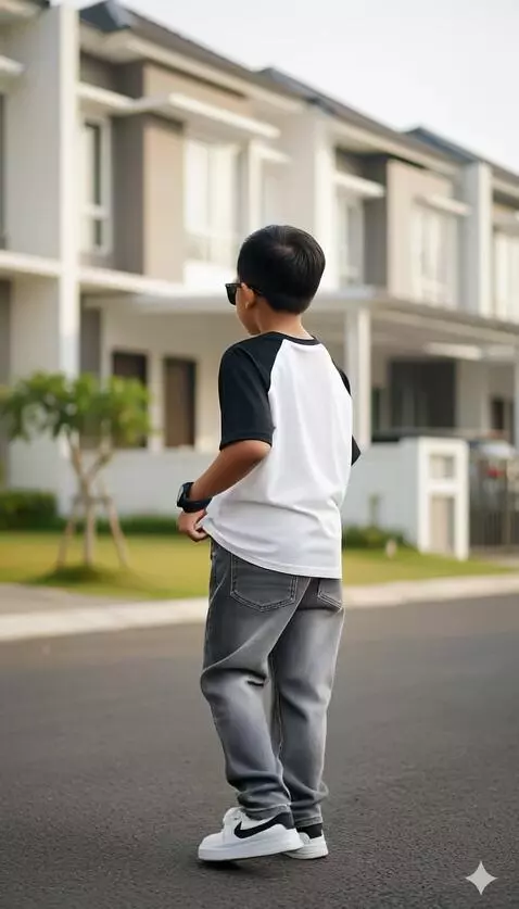 AI Video from prompt: Kamera close up ke celana, anak tersebut menghad