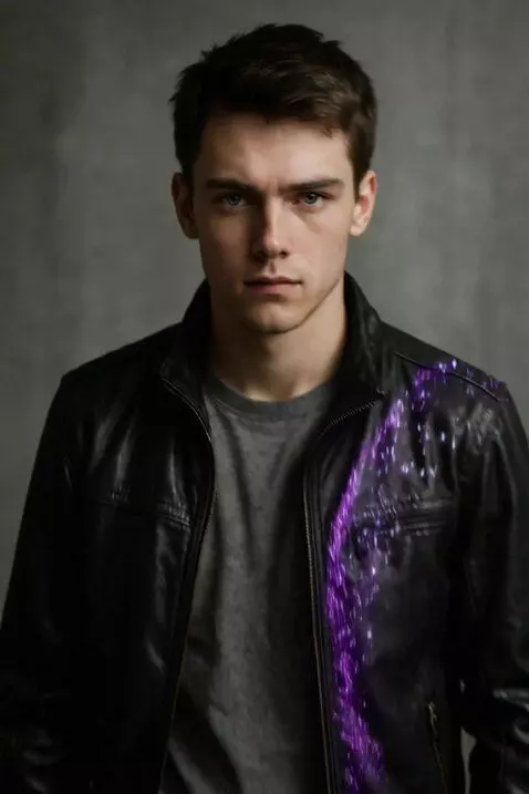 AI Video from prompt: Парень с фотографии стоит перед сверкающим поток