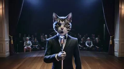 AI Video from prompt: A humanoid dark-striped cat in a comedy club, st