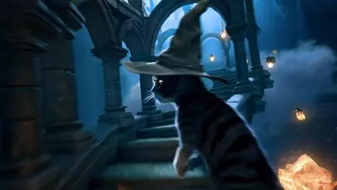 AI Video from prompt: A humanoid dark-striped cat, wearing a wizard ha