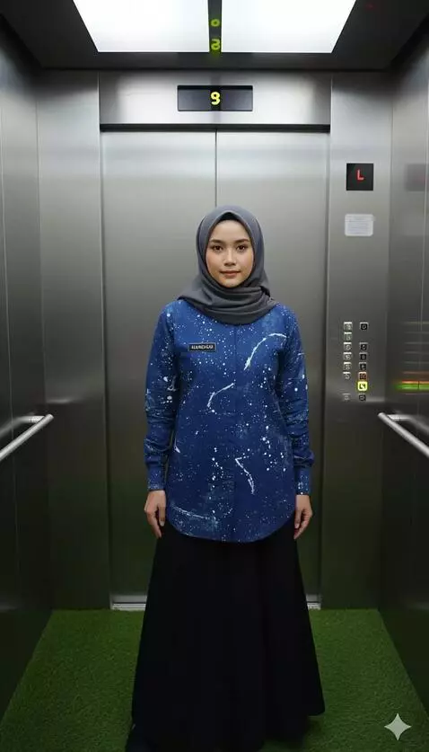 AI Video from prompt: A woman stands in an elevator wearing a modern b