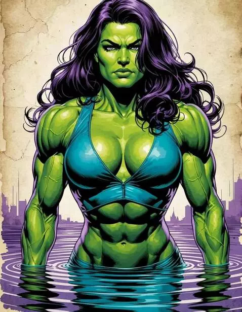 AI Video from prompt: She-Hulk bodybuilder, in water, neon lights, fle