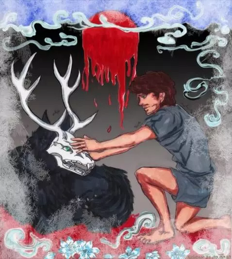 AI Video from prompt: Животное встает, мужчина его гладит, сзади течет