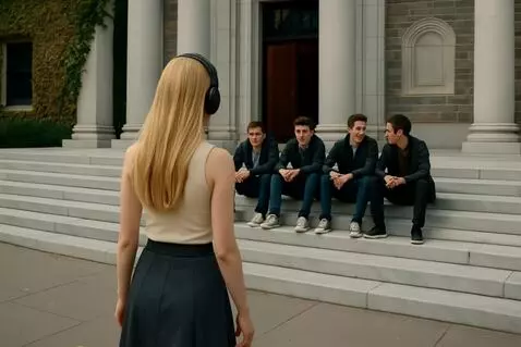 AI Video from prompt: Cinematic wide shot, social drama. The back of a