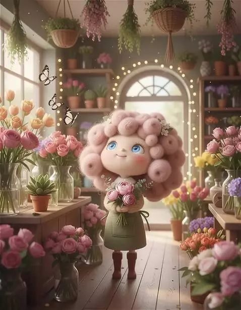 AI Video from prompt: A girl with blue eyes inhales the scent of flowe