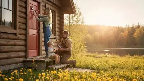 AI Video from prompt: A cozy golden-hour family scene by a serene lake