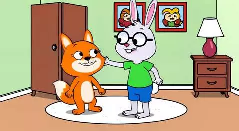 AI Video from prompt: A cartoon rabbit home. A round rug lies on the f