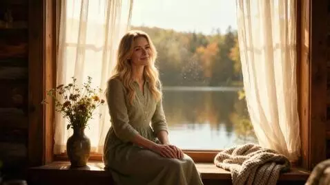 AI Video from prompt: A serene golden-hour scene: a woman with long bl