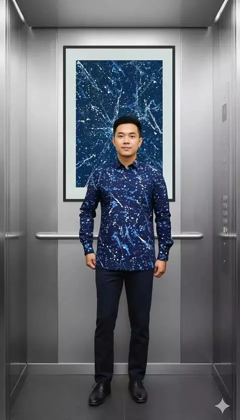 AI Video from prompt: A man stands in an elevator wearing a modern blu