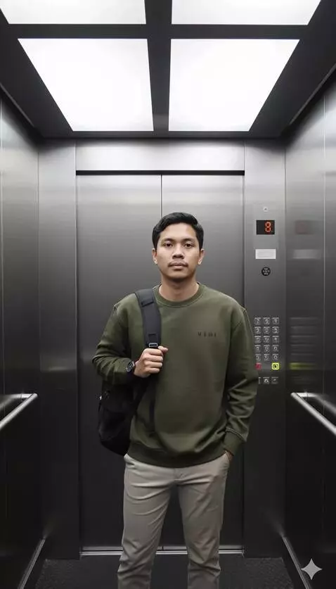 AI Video from prompt: A man stands in an elevator wearing a casual out