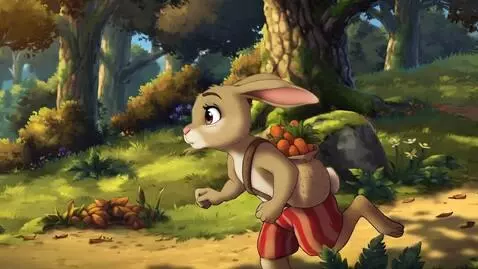 AI Video from prompt: лес,заяц одетый в шорты в полосочку ,заяц с мешк