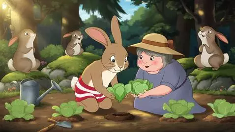 AI Video from prompt: лес,заяц одетый в шорты в полосочку ,заяц помога