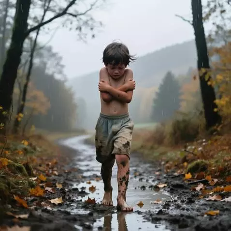 AI Video from prompt: босой мальчик в шортах без майки идёт по мокрой 