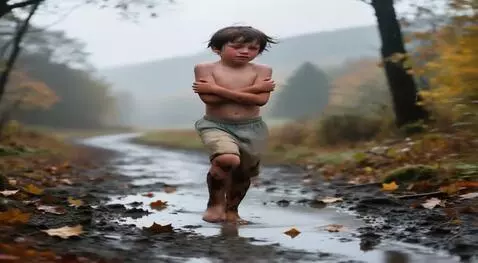 AI Video from prompt: босой мальчик в шортах без майки идёт по мокрой 