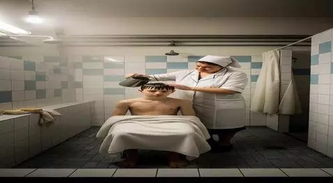 AI Video from prompt: Медсестра снимает одежду с пациента и моет его