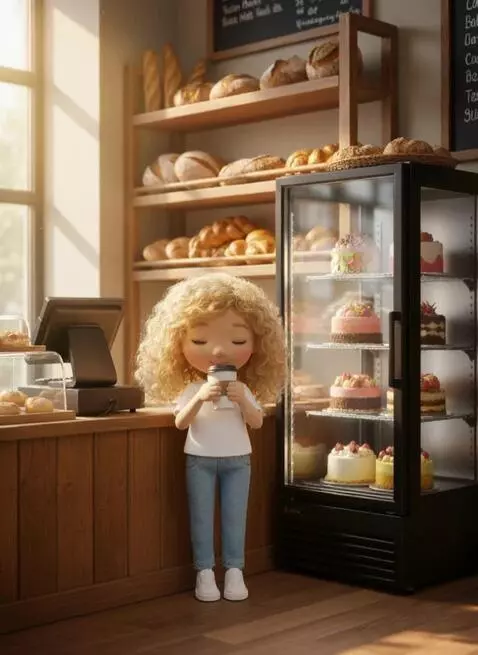 AI Video from prompt: A girl drinks coffee and smiles sweetly, with th