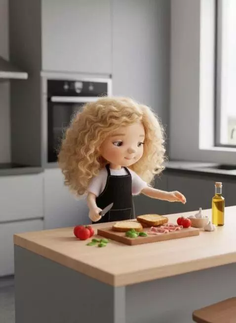 AI Video from prompt: The girl takes the garlic with her right hand an