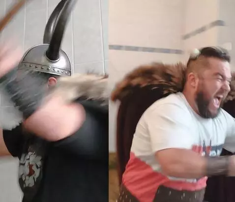 AI Video from prompt: 2 bearded guys transform into vikings standing n