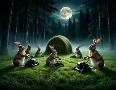 AI Video from prompt: зайцы подстригают траву газонокосилками вокруг с