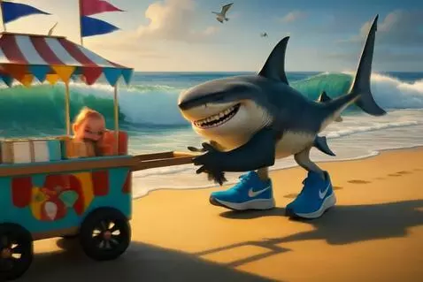 AI Video from prompt: Динамичная сцена на пляже: Тралалеро катит тележ