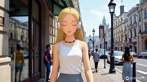 AI Video from prompt: Девушка, идущая по улице, случайно обронила блок