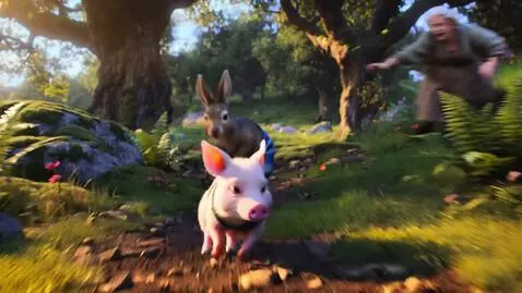 AI Video from prompt: лес,заяц одетый в шорты в полосочку ,заяц одетый