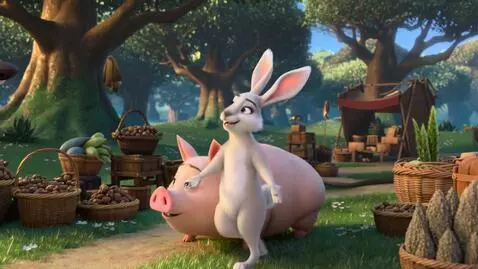 AI Video from prompt: лес,заяц одетый в шорты в полосочку ,продаёт  св