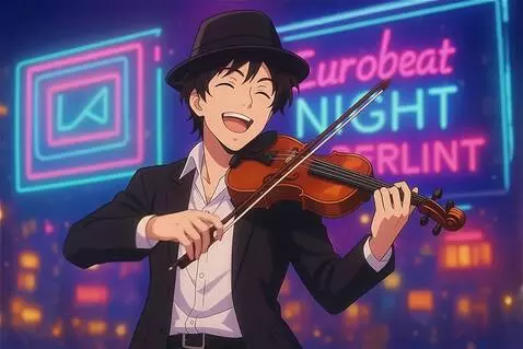 AI Video from prompt: Violinist energetically plays under vibrant neon