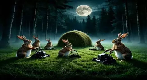 AI Video from prompt: зайцы подстригают траву газонокосилками вокруг с