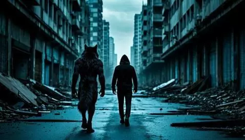 AI Video from prompt: Black werewolf and man walk towards street in da