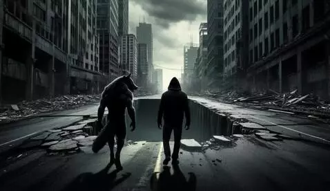 AI Video from prompt: Frightened black werewolf and man stands before 