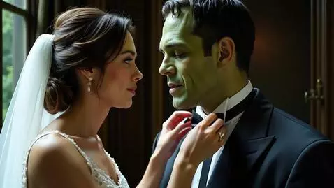 AI Video from prompt: The bride ties Frankenstein's bow tie before giv