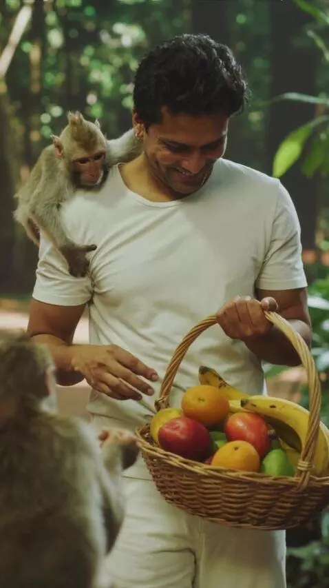 AI Video from prompt: The Man Giving Fruits From His Bucket To both th