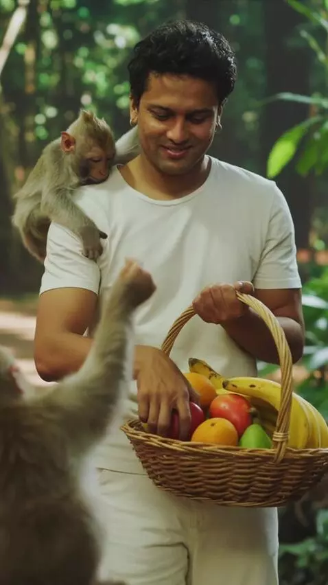 AI Video from prompt: The Man Giving Fruits From His Bucket To both th