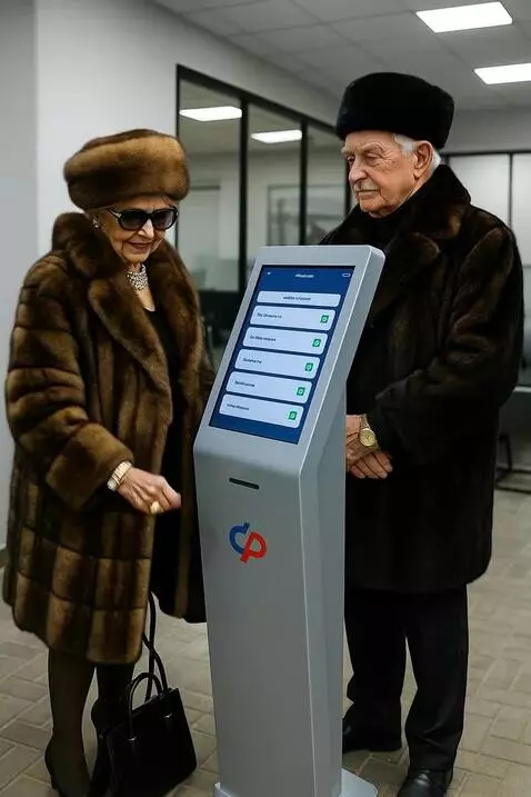 AI Video from prompt: пенсионеры подходят к киоску, получают в руку та