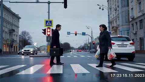 AI Video from prompt: Wide-angle CCTV footage from a Russian intersect