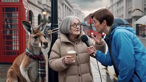 AI Video from prompt: A grandma in a London street with a cangoroo is 