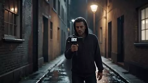 AI Video from prompt: a man filming a video walks down a dark street, 