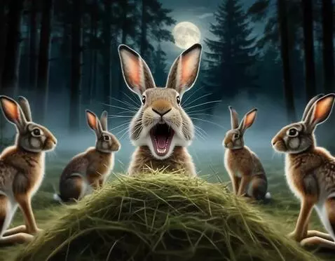 AI Video from prompt: камера летит зайцу в лицо, заяц резко открывает 